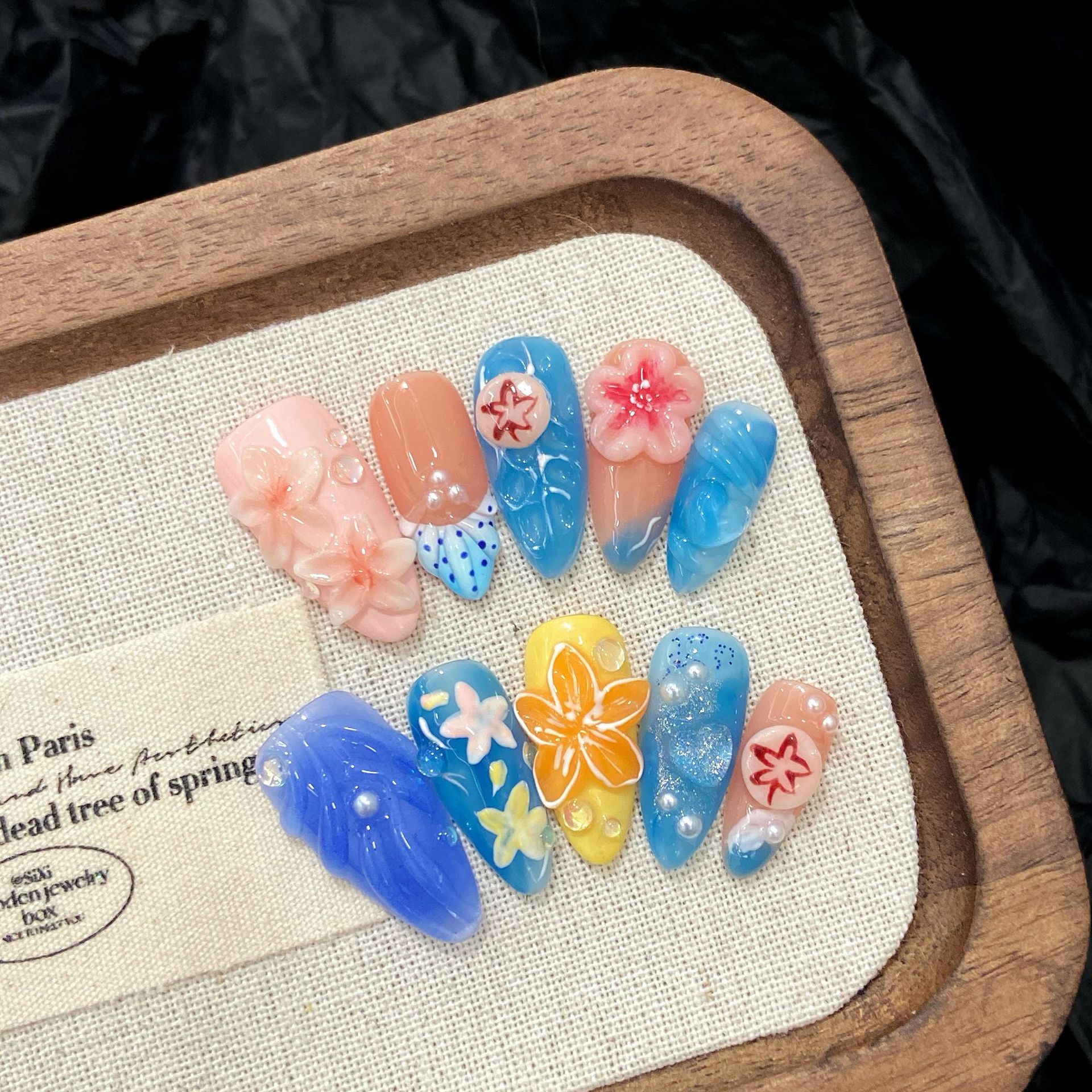 Resin Art Of Flowers - 10pcs Pure Hand Pressed Almond Nail