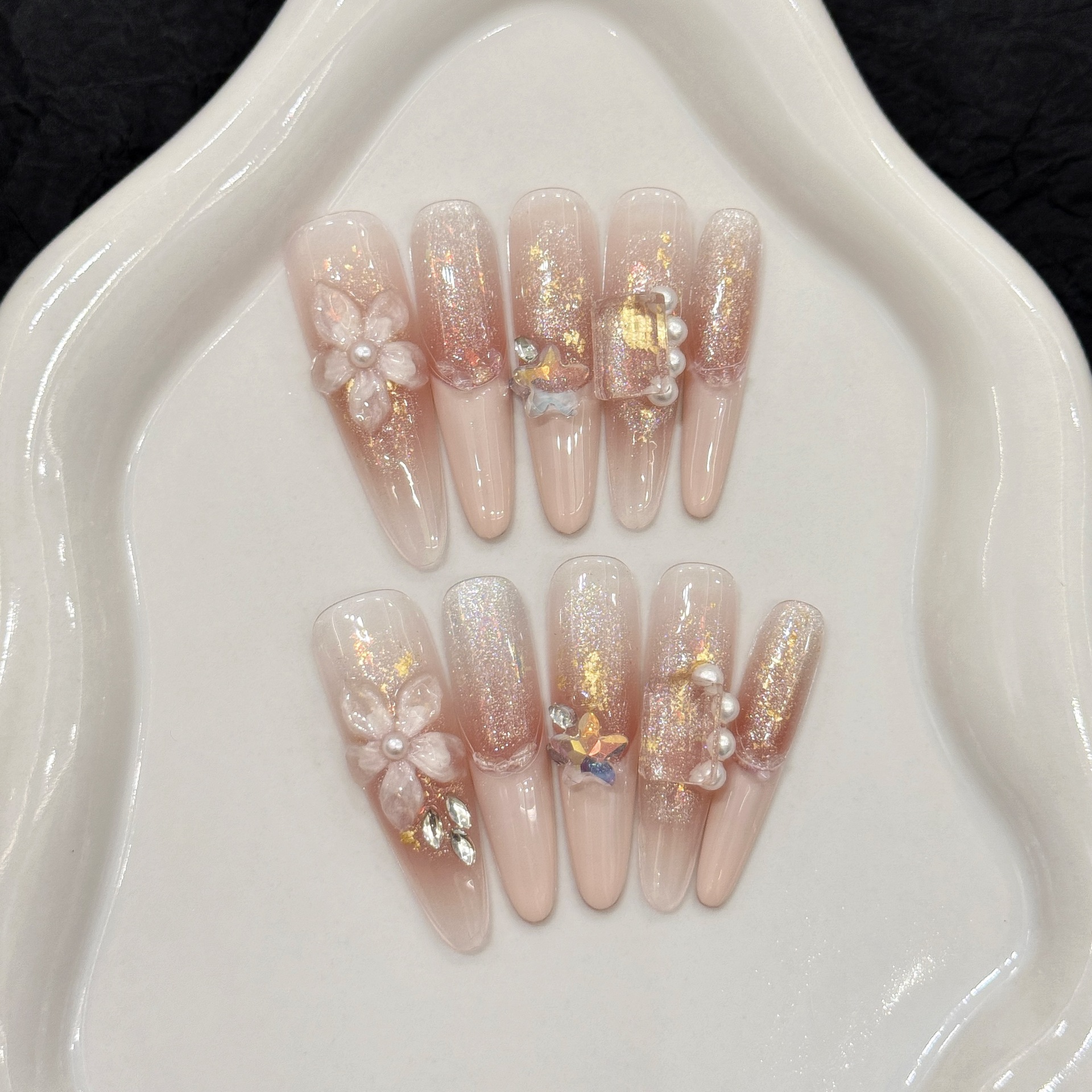 Resin Art Of Flowers - 10pcs Pure Hand Pressed Stiletto Nail