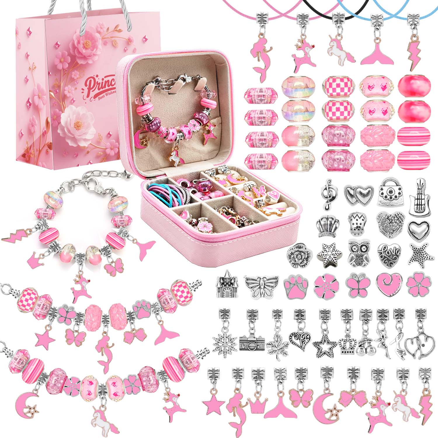 Resin Art Notes - 68pcs pink beaded jewelry set, charm