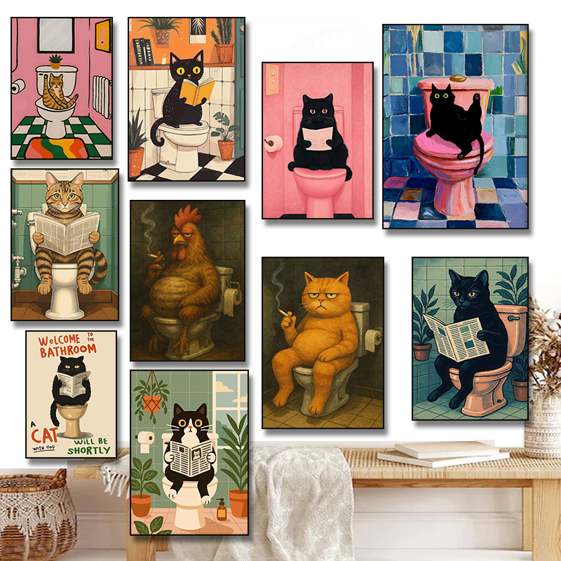 Resin Art On Wall - Funny Black Cat Reading on Toilet